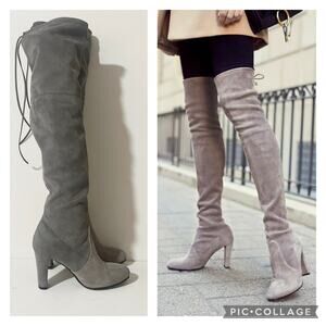 Stuart Weitzman Highland Boots Over the Knee Thigh High Gray Block Heel sz 38